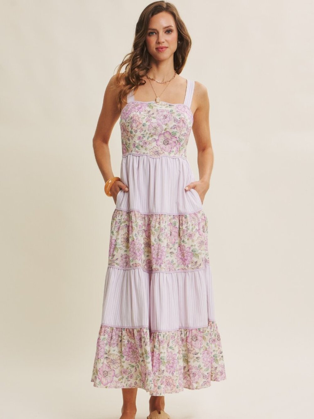 Dreamy Ideal Florals And Stripes Tiered Midi Dress